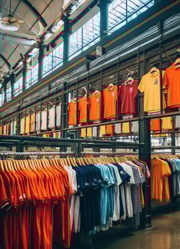 Row of fashionable polo t-shirts for man on wooden hanger or rack in a clothing boutique retail shop concept by AI Generated photo