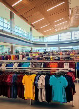 Row of fashionable polo t-shirts for man on wooden hanger or rack in a clothing boutique retail shop concept by AI Generated photo