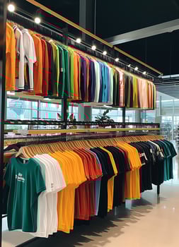 Row of fashionable polo t-shirts for man on wooden hanger or rack in a clothing boutique retail shop concept by AI Generated photo