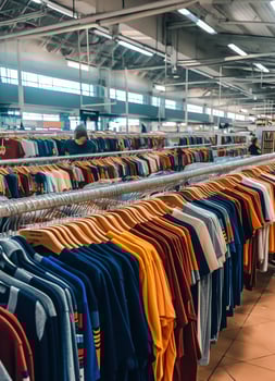 Row of fashionable polo t-shirts for man on wooden hanger or rack in a clothing boutique retail shop concept by AI Generated photo