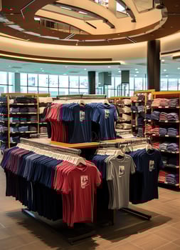 Row of fashionable polo t-shirts for man on wooden hanger or rack in a clothing boutique retail shop concept by AI Generated photo