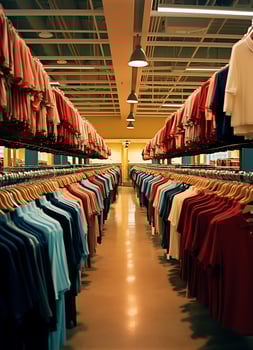 Row of fashionable polo t-shirts for man on wooden hanger or rack in a clothing boutique retail shop concept by AI Generated photo