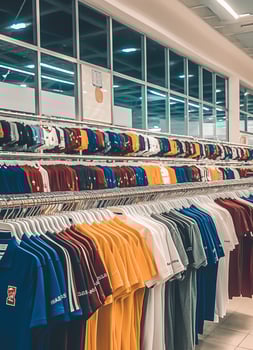 Row of fashionable polo t-shirts for man on wooden hanger or rack in a clothing boutique retail shop concept by AI Generated photo