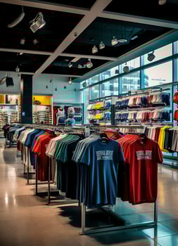 Row of fashionable polo t-shirts for man on wooden hanger or rack in a clothing boutique retail shop concept by AI Generated photo