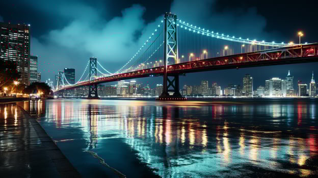 Luminous Reflections Nighttime Glow of a Famous Bridge, Generative AI photo