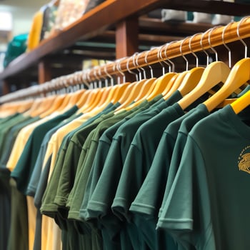 Row of fashionable polo t-shirts for man on wooden hanger or rack in a clothing boutique retail shop concept by AI Generated photo