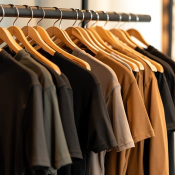 Row of fashionable polo t-shirts for man on wooden hanger or rack in a clothing boutique retail shop concept by AI Generated photo