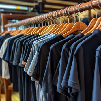Row of fashionable polo t-shirts for man on wooden hanger or rack in a clothing boutique retail shop concept by AI Generated photo