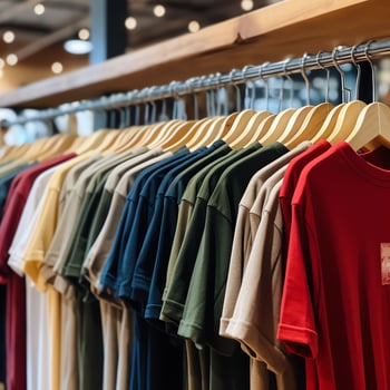 Row of fashionable polo t-shirts for man on wooden hanger or rack in a clothing boutique retail shop concept by AI Generated photo