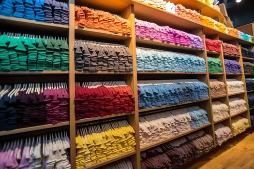 Row of fashionable polo t-shirts for man on wooden hanger or rack in a clothing boutique retail shop concept by AI Generated photo