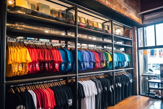 Row of fashionable polo t-shirts for man on wooden hanger or rack in a clothing boutique retail shop concept by AI Generated photo