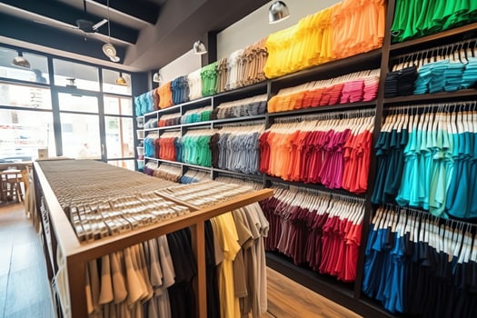 Row of fashionable polo t-shirts for man on wooden hanger or rack in a clothing boutique retail shop concept by AI Generated photo