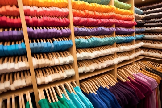 Row of fashionable polo t-shirts for man on wooden hanger or rack in a clothing boutique retail shop concept by AI Generated photo