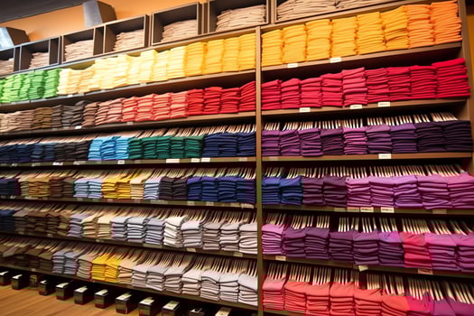 Row of fashionable polo t-shirts for man on wooden hanger or rack in a clothing boutique retail shop concept by AI Generated photo