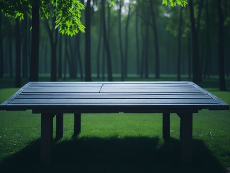 Wooden table and blur tropical green grass background, product display montage. High quality photo 8k FHD AI generated