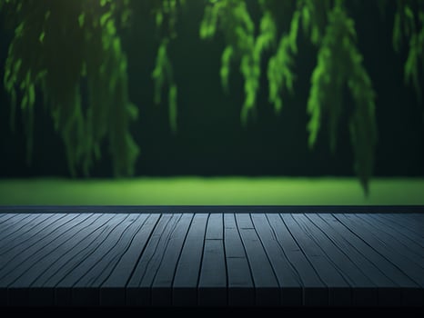 Wooden table and blur tropical green grass background, product display montage. High quality photo 8k FHD AI generated