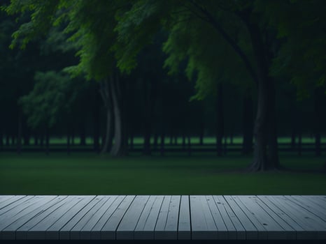 Wooden table and blur tropical green grass background, product display montage. High quality photo 8k FHD AI generated