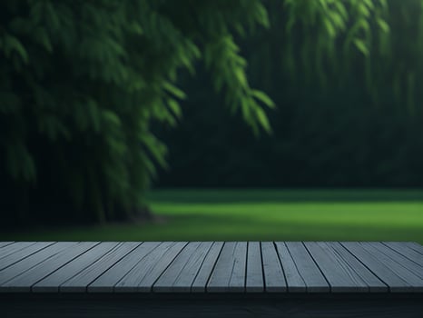 Wooden table and blur tropical green grass background, product display montage. High quality photo 8k FHD AI generated