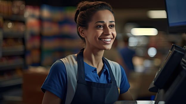 Beautiful smiling cashier working at grocery store,cashier photo