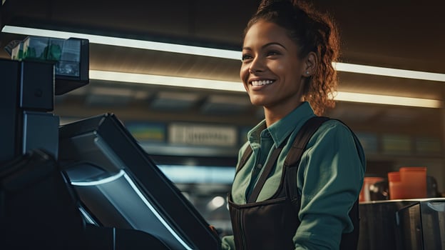 Beautiful smiling cashier working at grocery store,cashier photo