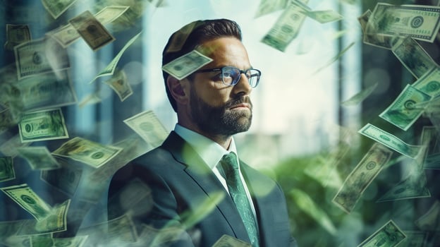 Businessman Amidst a Tapestry of International Banknotes, AI Generative photo