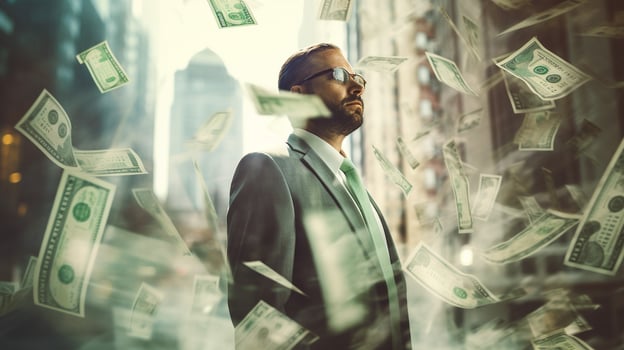 Businessman Amidst a Tapestry of International Banknotes photo
