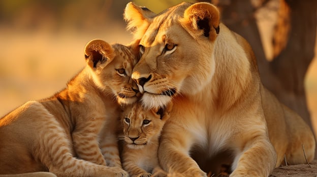Nurturing Love A Lioness's Gentle Care for Her Cubs, AI Generative photo