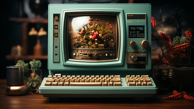 Old stylish vintage retro personal computer for video games and work poster from the 80s 90s photo