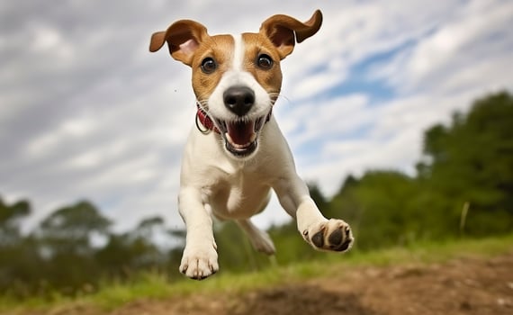 Jack Russel Parson Dog Run Toward The Camera Low Angle High Speed Shot. AI Generated photo