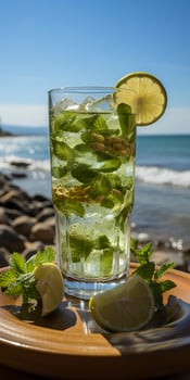 Stunning photo of cocktail mojito, a sunny summer beach in the background. Generative AI