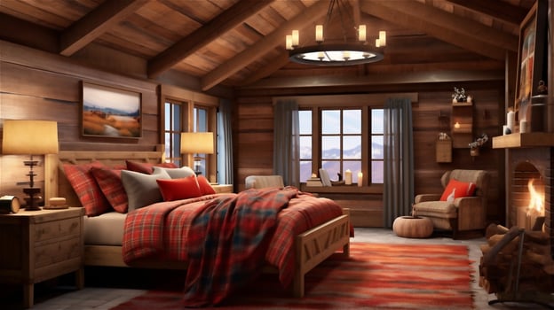 Generative AI, Cozy and Warm Rustic Bedroom with Stone Fireplace photo
