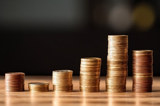 Stacks of savings coin arranged in ascending order on wooden working table or high coin towers representing the richness concept by AI Generated photo