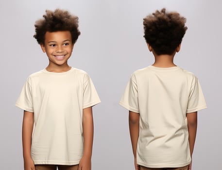 Front and back views of a little boy wearing a beige T-shirt. ai generated photo