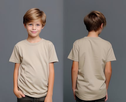 Front and back views of a little boy wearing a beige T-shirt. ai generated photo
