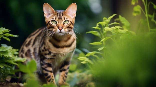 Bengal cat, its spotted fur reminiscent of a wild leopard, stands alert in a lush garden. Generative AI photo
