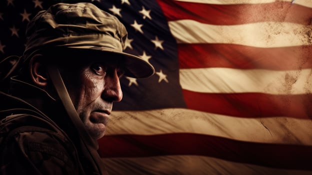An elderly male soldier in military uniform standing in front of an american flag photo