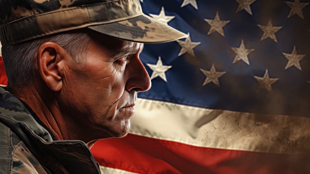 An elderly male soldier in military uniform standing in front of an american flag photo