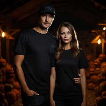 AI generated a beautiful couple wearing black shirts, with background of scary halloween lights photo