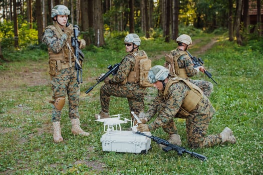 Modern Warfare Soldiers Squad are Using Drone for Scouting and Surveillance During Military Operation in the Forest. photo