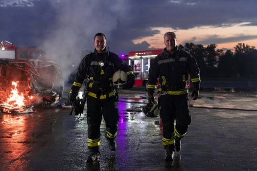 Brave Firefighters Team Walking to the Camera. In Background Paramedics and Firemen Rescue Team Fight Fire in Car Accident, Insurance and Save Peoples Lives concept. photo