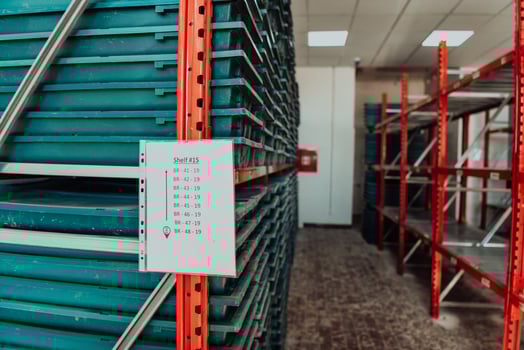 Gold mining storage rock core samples geology drilling industy. Large ore warehouse in modern industry, ores stacked in boxes. Selective focus photo
