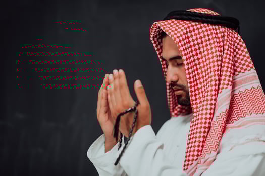 Arabian man in traditional clothes making traditional prayer to God, keeps hands in praying gesture in front of black chalkboard representing modern islam fashion and ramadan kareem concept photo