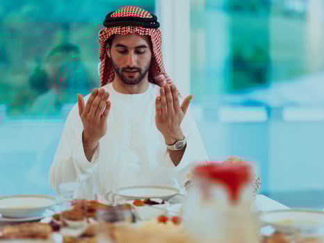 A Muslim family praying together, the Muslim prayer after breaking the fast in the Islamic holy month of Ramadan photo