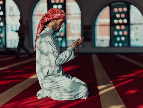 Muslim Arabic man praying. Religious muslim man praying inside the mosque during ramadan photo