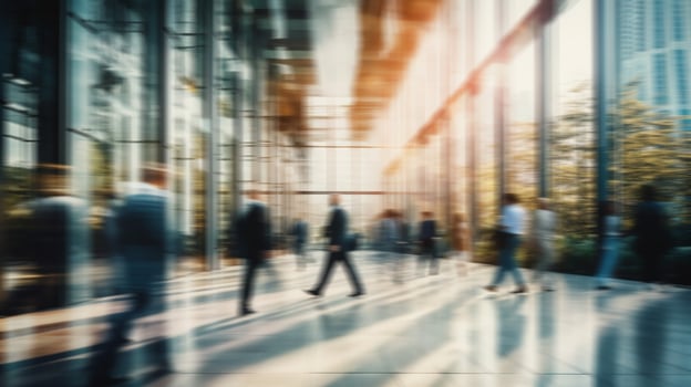 blur business people in modern office. rushing urban lifestyle in the city background. generative AI photo