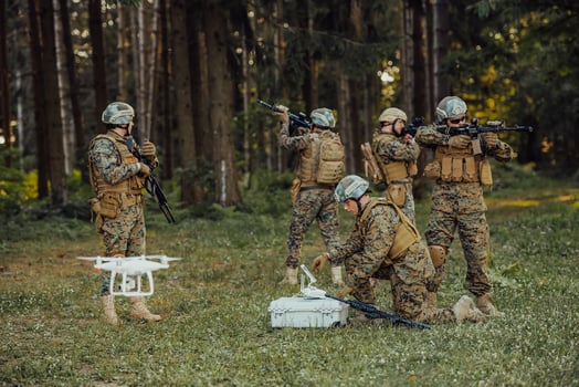 Modern Warfare Soldiers Squad are Using Drone for Scouting and Surveillance During Military Operation in the Forest. photo
