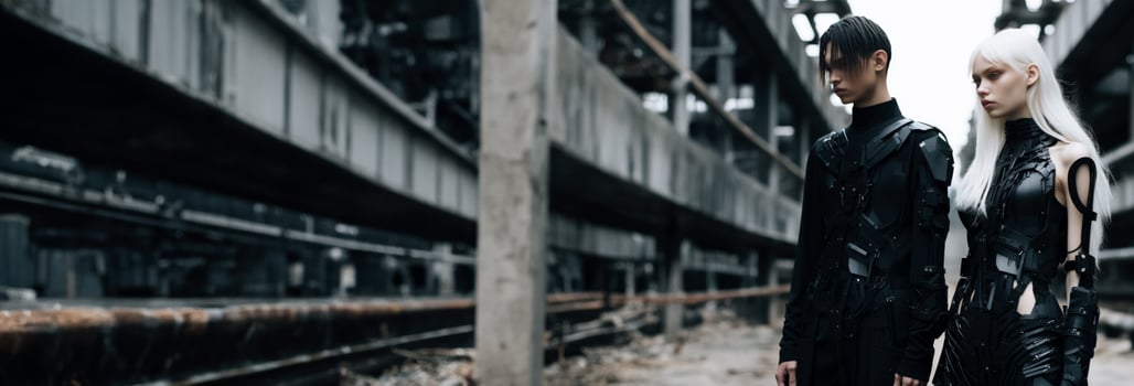 Edgy cybernetic models bringing industrial minimalism to life in a stark futuristic setting photo
