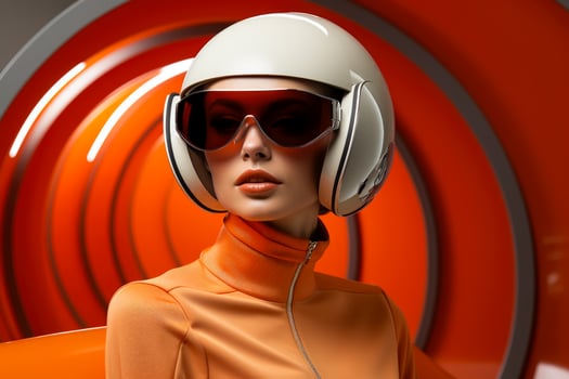 Space age models showcasing futuristic accessories background with empty space for text photo