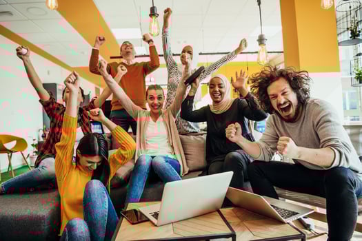 Group of business people in modern startup office, team success and job done concept photo