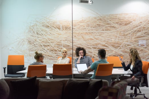 Startup Business Team At A Meeting at modern night office building photo